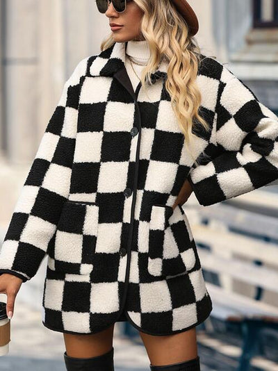 BEAUTIFUL I AM Plus Size Checkered Button Jacket Front Coat with Pockets