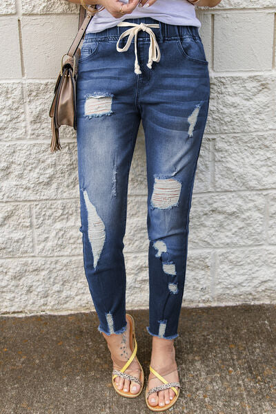 BEAUTIFUL I AM Drawstring Distressed Raw Hem Jeans with Pockets