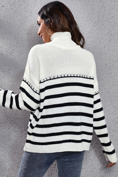 BEAUTIFUL I AM Striped Turtleneck Drop Shoulder Sweater