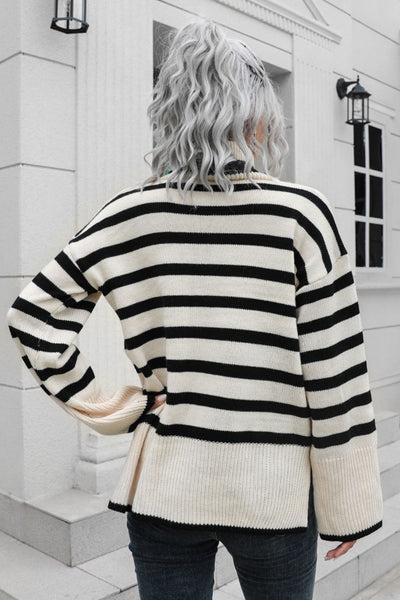 BEAUTIFUL I AM Striped Turtleneck Drop Shoulder Sweater