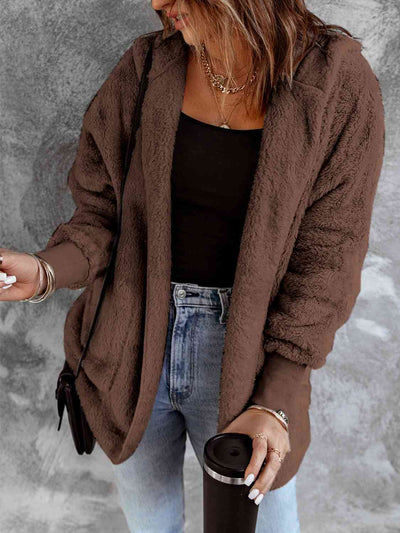 BEAUTIFUL I AM Open Front Hooded Faux Fur Outwear Jacket with Pockets