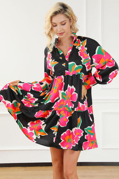 BEAUTIFUL I AM Flower Print Notched Ruffle Hem Dress