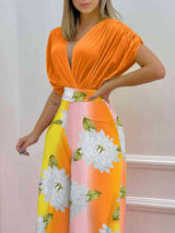 BEAUTIFUL I AM Printed Surplice Top and Wide Leg Pants Set