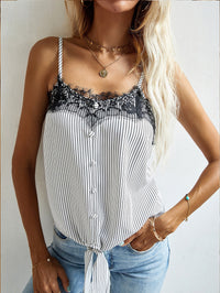 BEAUTIFUL I AM Sweetheart Neck Lace Detail Tie Front Striped Cami Shirt