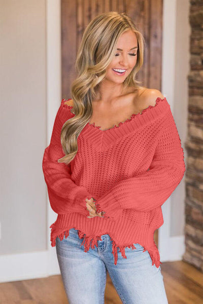 BEAUTIFUL I AM Frayed Hem Dropped Shoulder Sweater