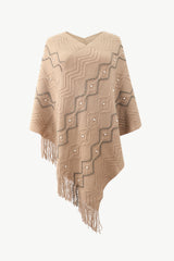 BEAUTIFUL I AM Pearl Trim V-Neck Fringe Hem Poncho