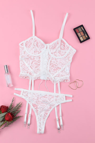 BEAUTIFUL I AM Lace-Up Frill Trim Lingerie Set