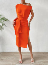 BEAUTIFUL I AM Tie Front Single Shoulder Slit Dress