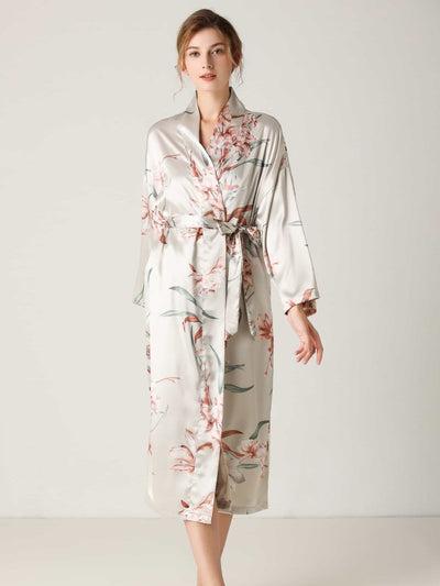 BEAUTIFUL I AM Floral Tie Waist Long Sleeve Robe