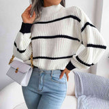 BEAUTIFUL I AM Striped Mock Neck Dropped Shoulder Sweater