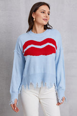 BEAUTIFUL I AM Lip Fringe Round Neck Sweater