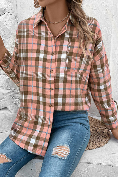 BEAUTIFUL I AM Plaid Collared Neck Long Sleeve Button-Up Shirt