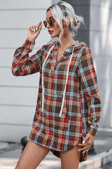 BEAUTIFUL I AM Plaid Drawstring Long Sleeve Hooded Dress with Pocket