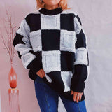 BEAUTIFUL I AM Checkered Round Neck Long Sleeve Sweater