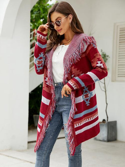 BEAUTIFUL I AM Fringe Geometric Hooded Long Sleeve Cardigan