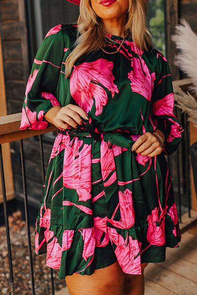 BEAUTIFUL I AM Plus Size Printed Lantern Sleeve Ruffle Hem Dress