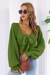 BEAUTIFUL I AM Bow V-Neck Long Sleeve Cropped Sweater