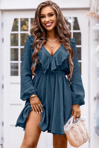 BEAUTIFUL I AM Ruffle Trim V-Neck Long Sleeve Mini Dress