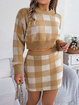 BEAUTIFUL I AM Plaid Round Neck Top and Skirt Sweater Set