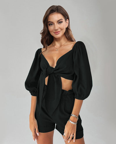 BEAUTIFUL I AM Cutout Puff Sleeve Top and Shorts Set