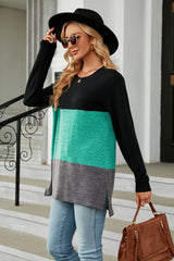 BEAUTIFUL I AM Color Block Round Neck Long Sleeve Slit Shirt