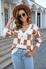 BEAUTIFUL I AM Button-Up Plaid V-Neck Dropped Shoulder Cardigan