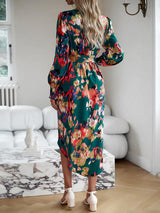 BEAUTIFUL I AM Printed Tie Front Lantern Sleeve Dress