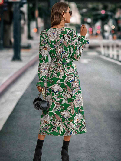 BEAUTIFUL I AM Printed Tie Front Surplice Flounce Sleeve Dress