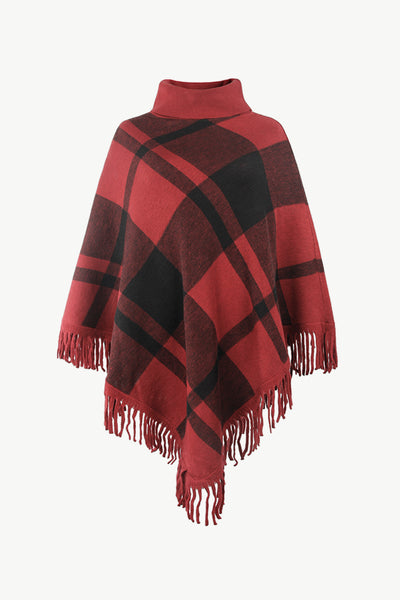 BEAUTIFUL I AM Plaid Turtleneck Fringe Hem Poncho