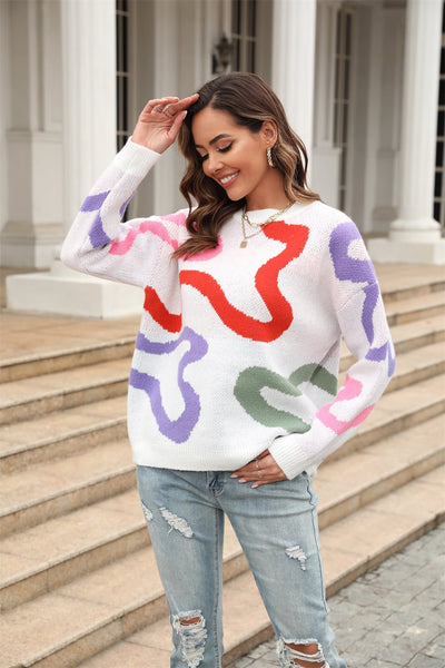 BEAUTIFUL I AM Printed Round Neck Dropped Shoulder Pullover Sweater