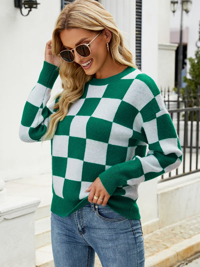 BEAUTIFUL I AM Checkered Round Neck Sweater