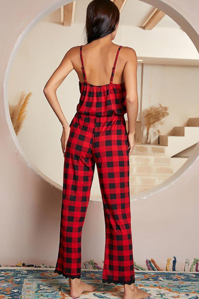 BEAUTIFUL I AM Plaid Lace Trim Spaghetti Strap Jumpsuit Sleep Wear