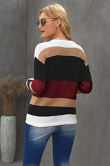 BEAUTIFUL I AM Round Neck Color Block Dropped Shoulder Knit Top Sweater