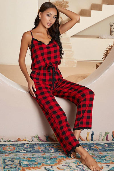 BEAUTIFUL I AM Plaid Lace Trim Spaghetti Strap Jumpsuit Sleep Wear