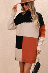 BEAUTIFUL I AM Color Block Mock Neck Dropped Shoulder Sweater Dress