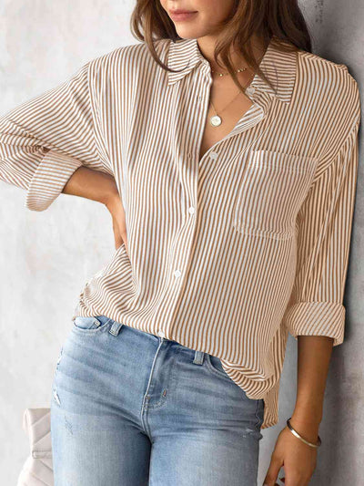 BEAUTIFUL I AM Striped Collared Neck Shirt with Pocket