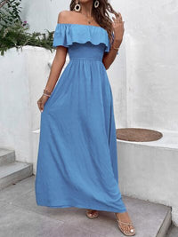 BEAUTIFUL I AM Smocked Ruffled Off-Shoulder Maxi Dress