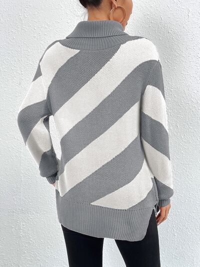 BEAUTIFUL I AM Striped Turtleneck Dropped Shoulder Sweater