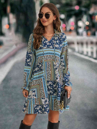 BEAUTIFUL I AM Printed Tie Front Flounce Sleeve Dress