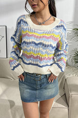 BEAUTIFUL I AM Striped Openwork Dropped Shoulder Sweater