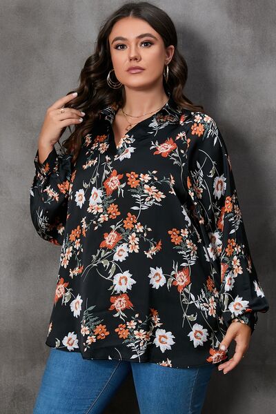 BEAUTIFUL I AM Plus Size Printed Johnny Collar Long Sleeve Blouse Shirt