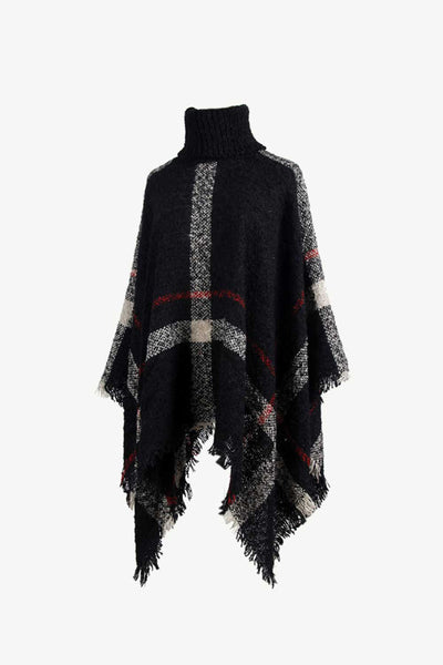 BEAUTIFUL I AM Plaid Turtleneck Raw Hem Poncho