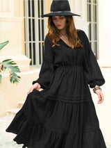 BEAUTIFUL I AM Tie Neck Long Sleeve Midi Tiered Dress