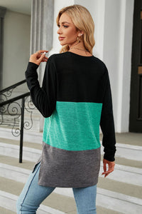 BEAUTIFUL I AM Color Block Round Neck Long Sleeve Slit Shirt