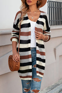 BEAUTIFUL I AM Full Size Striped Long Sleeve Openwork Cardigan