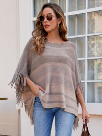 BEAUTIFUL I AM Striped Boat Neck Poncho with Fringes