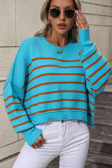 BEAUTIFUL I AM Striped Dropped Shoulder Round Neck Pullover Sweater