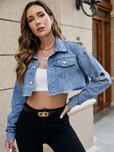 BEAUTIFUL I AM Distressed Raw Hem Cropped Denim Jacket