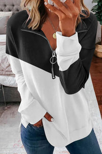 BEAUTIFUL I AM Contrast Zip-Up Collared Neck Dropped Shoulder Blouse Shirt