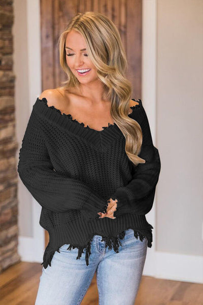 BEAUTIFUL I AM Frayed Hem Dropped Shoulder Sweater